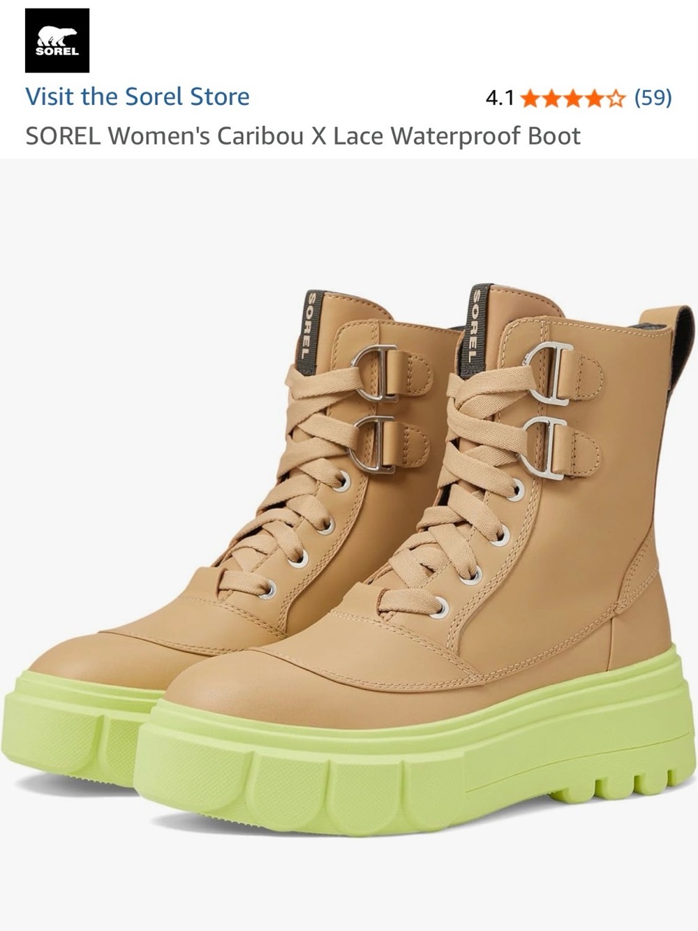 SOREL Caribou X Lace Waterproof Boots Canoe Tippet Neon Sole Women’s 10